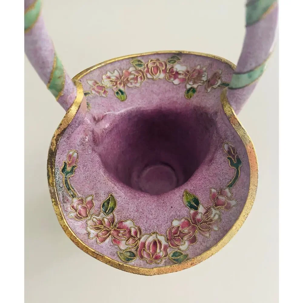 Vintage Chinese Cloisonne Lavender Purple Basket Vase Brass Floral Enamel, 6.25